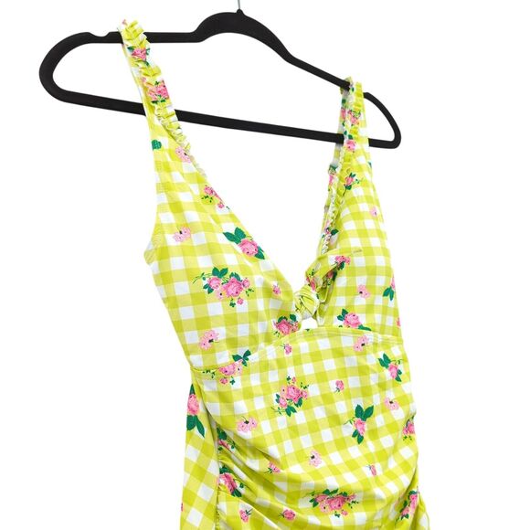 Betsey Johnson Women M Skirted Swimsuit Green White Gingham Plaid Floral 1 Piece - Picture 4 of 11